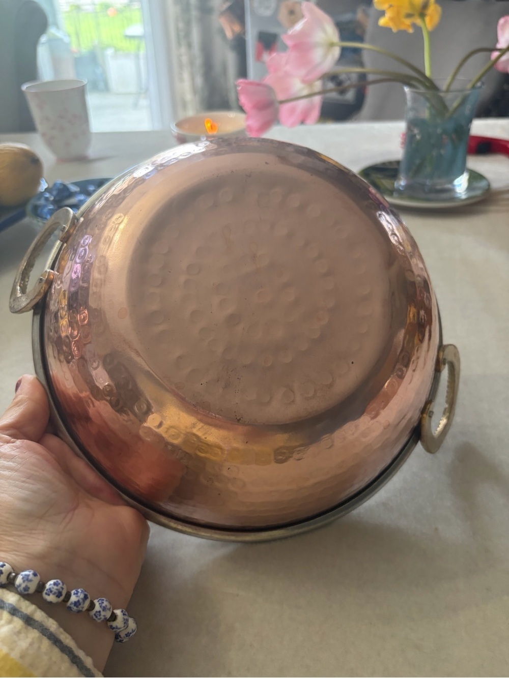 Copper Finish Hammered Serving Bowl with Side Handles - Copper